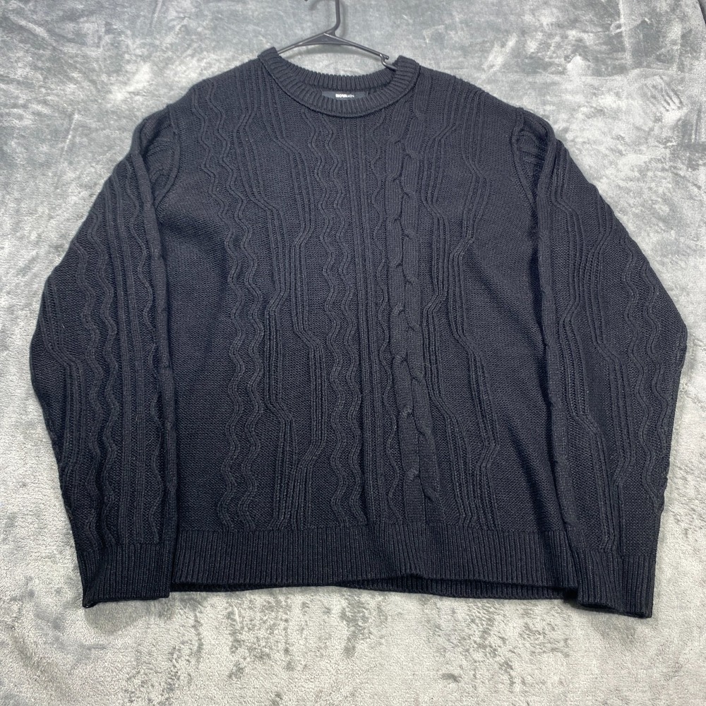 Mens Cable Knit Sweater 2XL Black Tight Knit Crewneck Acrylic Pullover Grandpa